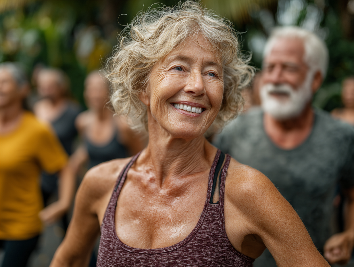 Grup de seniori făcând exerciții ușoare în parc