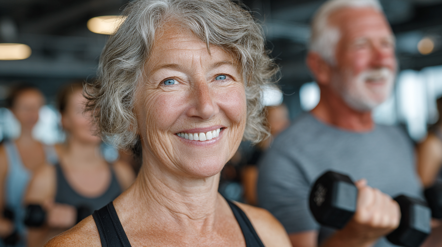 Grup de seniori zâmbitori într-o sală de fitness modernă